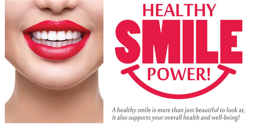 The image is a graphic advertisement featuring a close-up of a person s face with red lipstick and the text  HEALTHY SMILE POWER  prominently displayed above the lips.