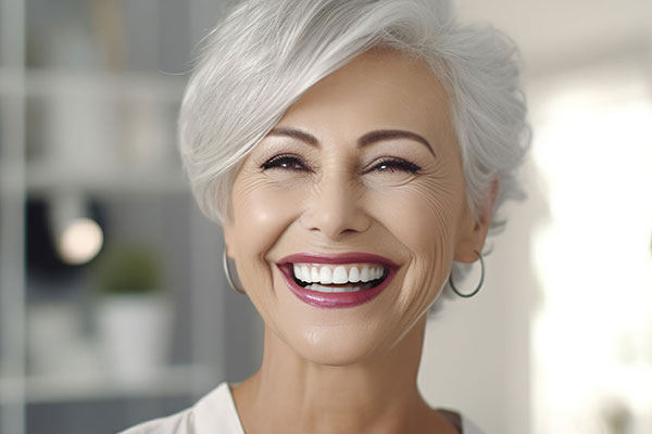 A smiling older woman with short hair, wearing a white top and black earrings.